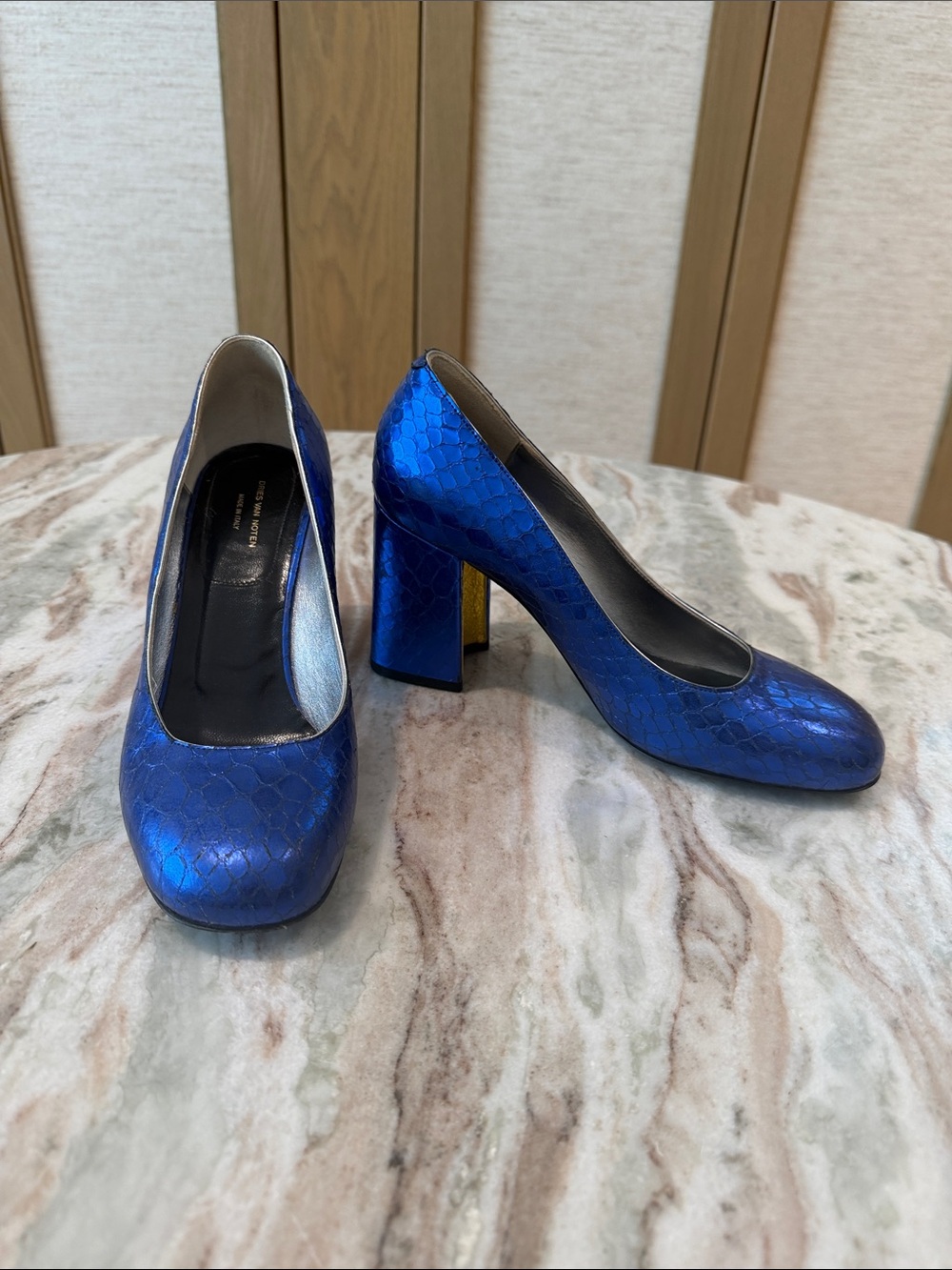 Dries Van Noten Metallic Royal Blue Block Heel Pumps